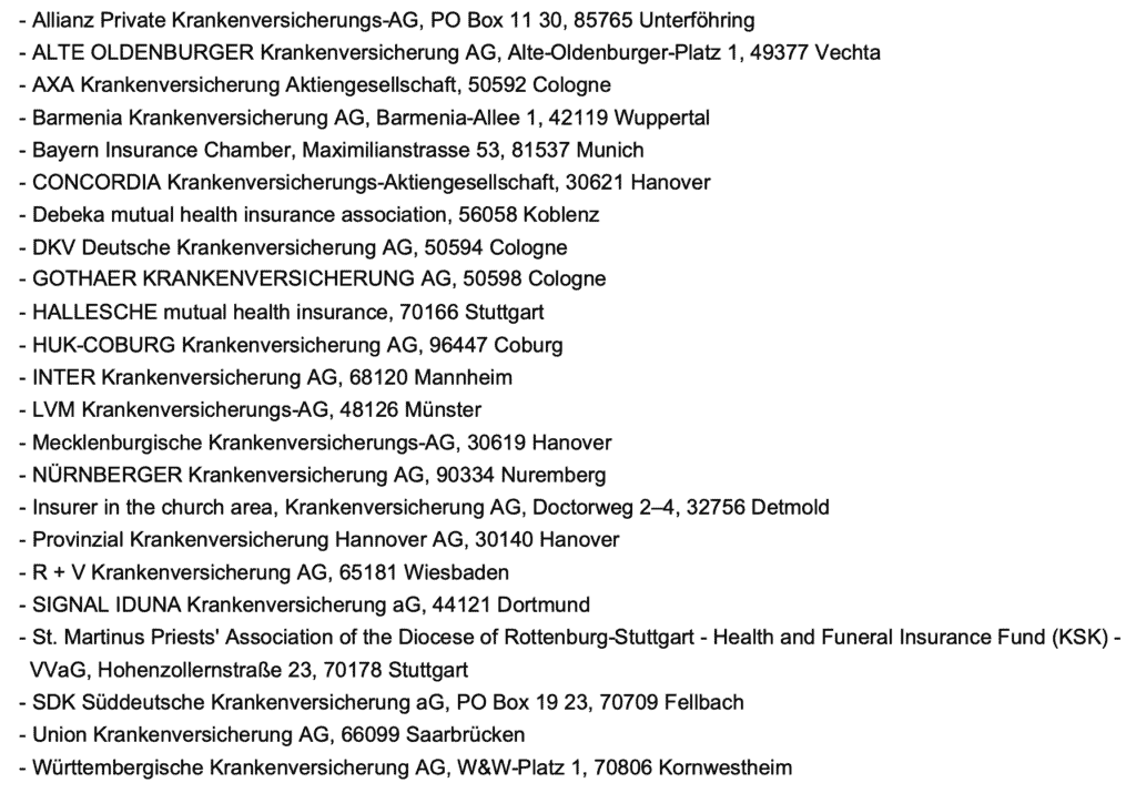 private health insurance providers list Germany