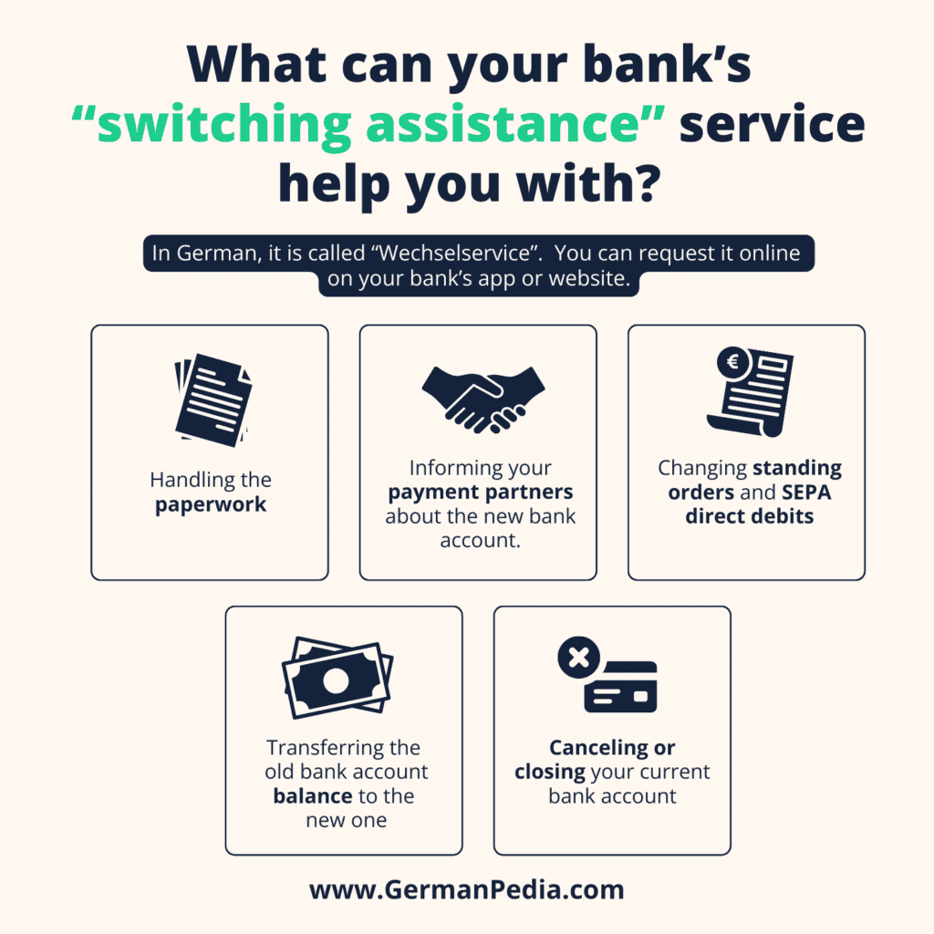 Use the "bank account switching assistance service" (Kontowechselhilfe / Wechselservice) offered by your new bank