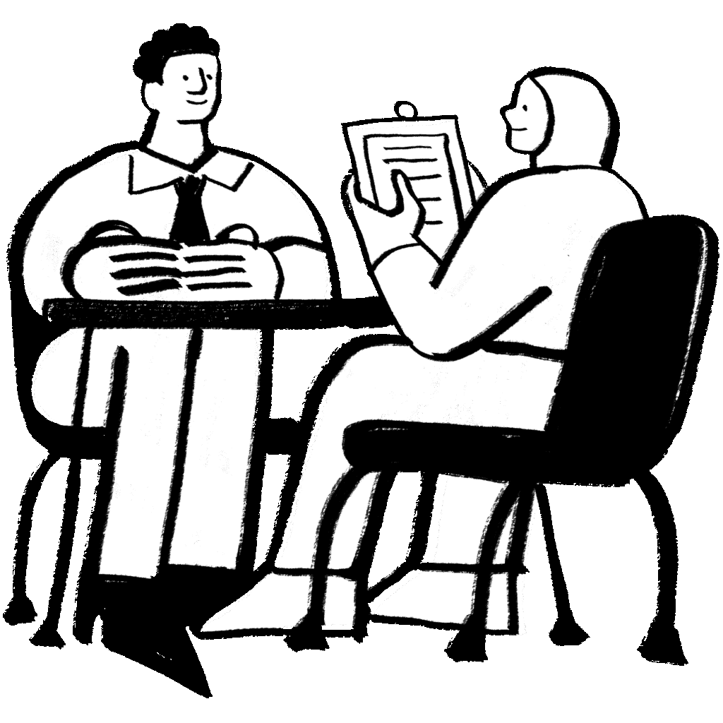 lawyer and client sitting together. Lawyer is assessing the client's case