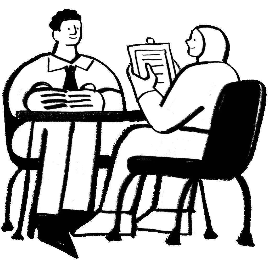 lawyer and client sitting together. Lawyer is assessing the client's case